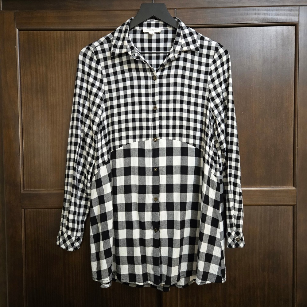 Beachlunchlounge Black White Gingham Mixed Buffalo Check Rayon Tunic Shirt Small